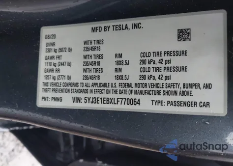 2020 Tesla Model 3 Long Range Dual Motor All-Wheel Drive from USA, damaged, VIN 5YJ3E1EBXLF770064
